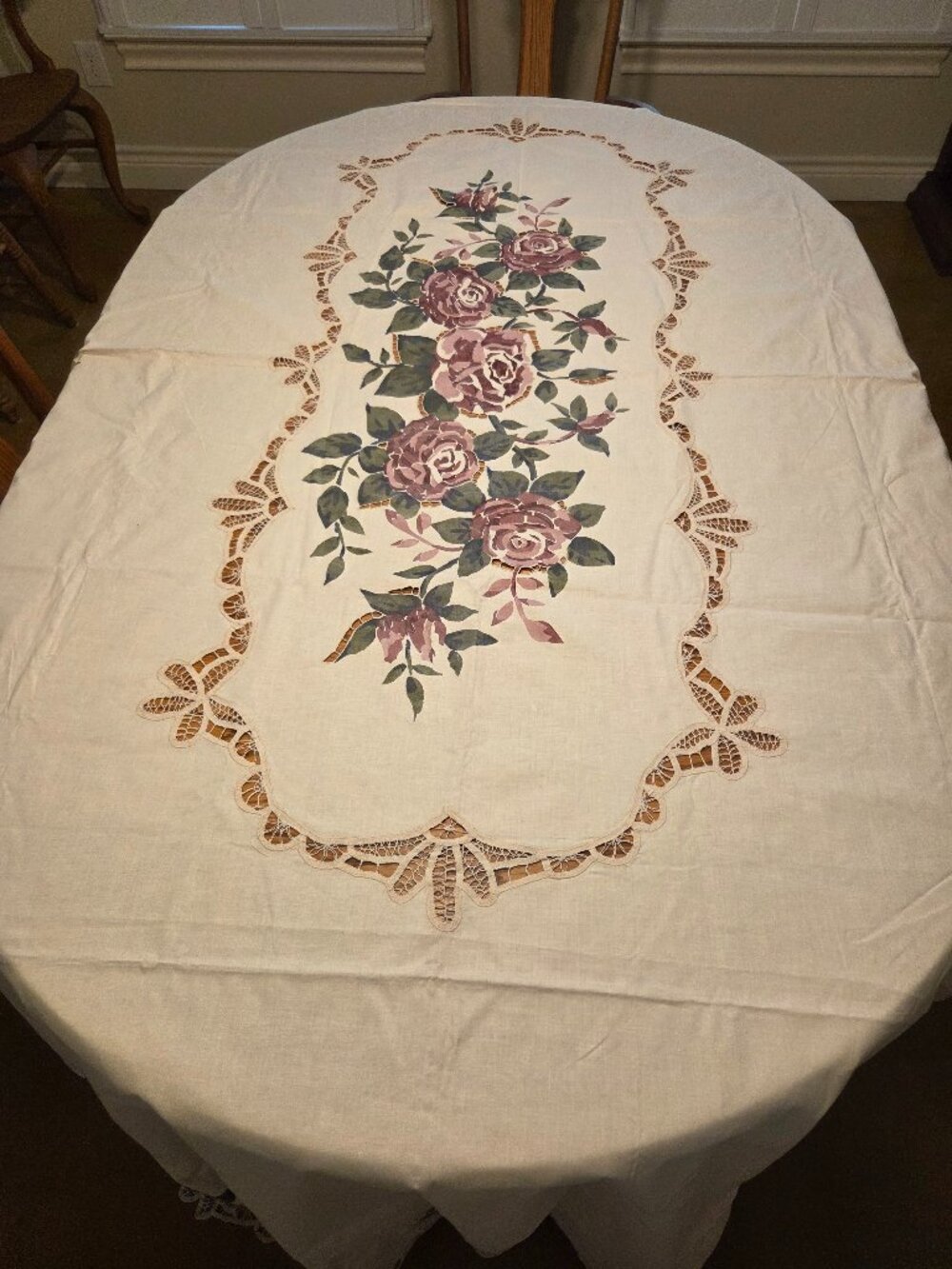 Battenburg Lace Hand Painted Rose Tablecloth 68x120 Ecru Beige with Cutouts, NWT
